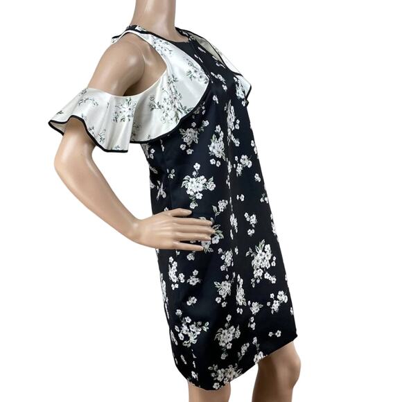 AMUR Jennifer Women Black White Floral Cold Shoulder Ruffle Sleeves Mini Dress 4 - Picture 7 of 9